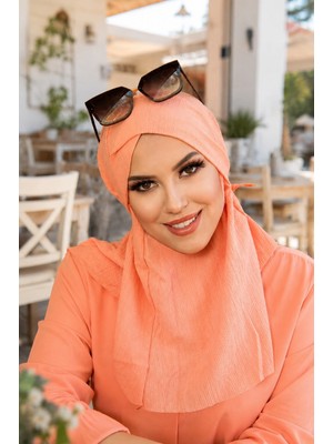 Aişe Tesettür Somon Bürümcük Çapraz Bantlı Medium Size Hijab - Hazır Şal