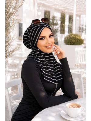 Aişe Tesettür Siyah Çizgi Desenli Çapraz Bantı Medium Size - Hazır Şal