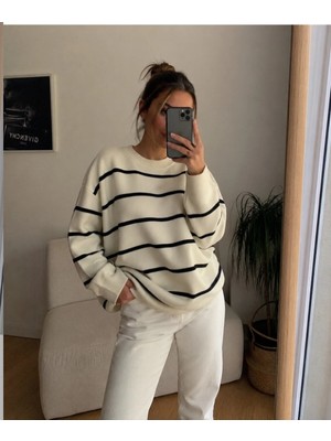 Onipreta Tekstil Kadın Çizgili Balıkçı Yaka Oversize Triko Kazak Uzun Kollu Salaş Model