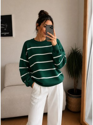 Onipreta Tekstil Kadın Çizgili Balıkçı Yaka Oversize Triko Kazak Uzun Kollu Salaş Model