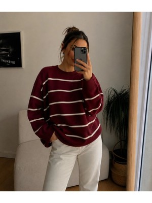 Onipreta Tekstil Kadın Çizgili Balıkçı Yaka Oversize Triko Kazak Uzun Kollu Salaş Model