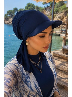 Aişe Tesettür Lacivert Kepli Deniz / Havuz Kullanımına Uygun Bağcıklı Eşarp Bone