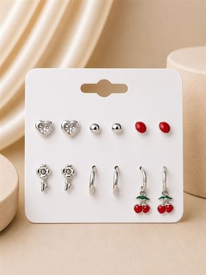 twingold Kiraz Anahtar Kalp Top Küpe Detaylı 6'lı Küpe Seti