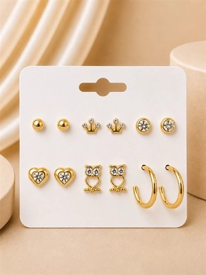 twingold Baykuş Kalp Detaylı Gold Renk 6'lı Küpe Seti