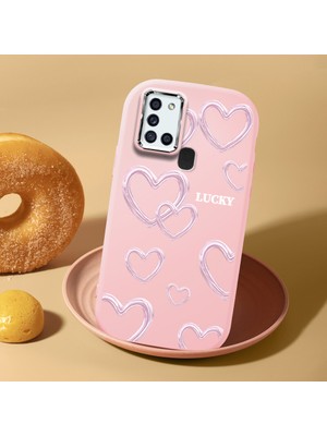 HONTINGA Samsung Galaxy A21S ile Uyumlu Kılıf Kamera Korumalı Düşüme Önleyici Kamera Koruyucu Pembe Yumuşak Silikon Sevgili Çift Telefon Kılıfı Kalp Kılıf Desenli K4-0504