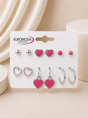 twingold Pembe Kalp Detaylı 6'lı Küpe Seti