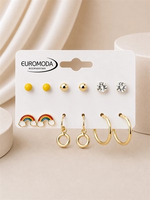 twingold Gökkuşağı Detaylı Gold Renk 6'lı Küpe Seti