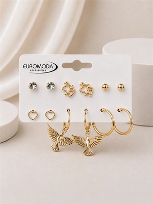 twingold Anka Kuşu Detaylı Gold Renk 6'lı Küpe Seti