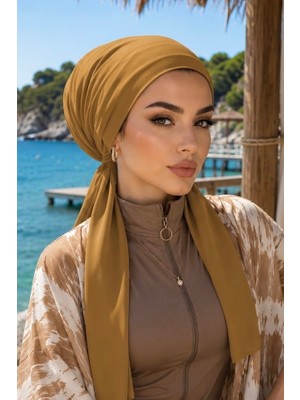 Aişe Tesettür Safran Sarı Önü Düz Deniz - Havuz Bonesi