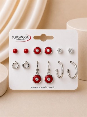 twingold Yuvarlak Kırmızı 6'lı Küpe Seti
