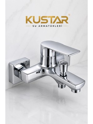 Kustar Mars Model Krom Banyo Bataryası | Tek Kollu Küvet Duş Bataryası – Modern Tasarım - Kare Rozetli