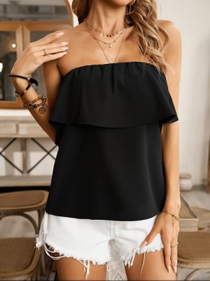 MELENERS Kadın Omuzlardan Açık Lastikli Fırfırlı Dubai Bluz