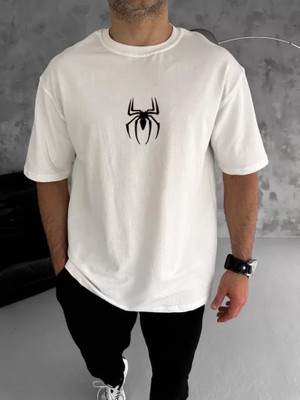 Janes Unisex Bisiklet Yaka Baskılı Oversize T-Shirt - Beyaz