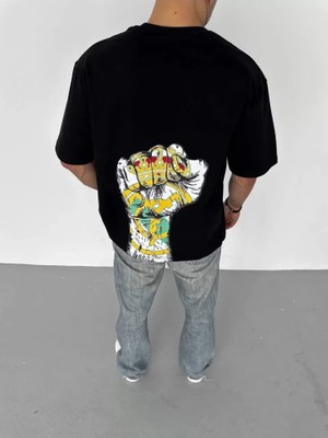 Janes Unisex Bisiklet Yaka Baskılı Oversize T-Shirt - Siyah