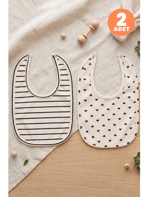 Just Inner Kız Bebek 2'li Pamuklu Önlük Kalpli Çizgili Çıtçıtlı Çift Katlı Cilt Dostu (684304)