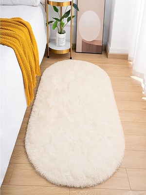 Evoris Krem Oval Post Halı Kesme Yolluk Peluş Yumuşak Kaymaz Dot Taban