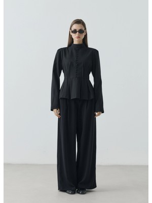 Moda Aksa 7813 Uzun Kollu Minik Düğme Bluz Siyah