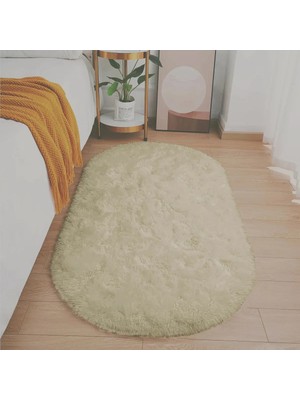 Evoris Bej Oval Post Halı Kesme Yolluk Peluş Yumuşak Kaymaz Dot Taban