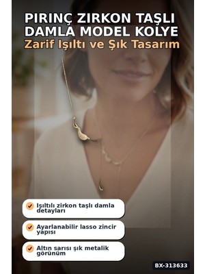 Eldenör 45 cm Pirinç Gold Renk Zirkon Taşlı Damla Model Kadın Kolye - Tek Parça Takı BX-313633