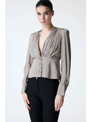 adL Drape Detaylı Önü Düğmeli Bluz Bej 11546002002
