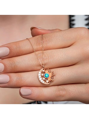 Alyansevim Opal Taşlı Ay Güneş Motifli 925 Gümüş Kadın Kolye
