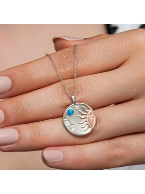 Alyansevim Opal Taşlı Ay Güneş Motifli 925 Gümüş Kadın Kolye
