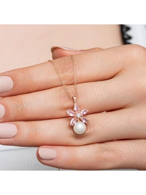 Alyansevim Lotus Inci Taşlı Rose Kaplama 925 Gümüş Kadın Kolye