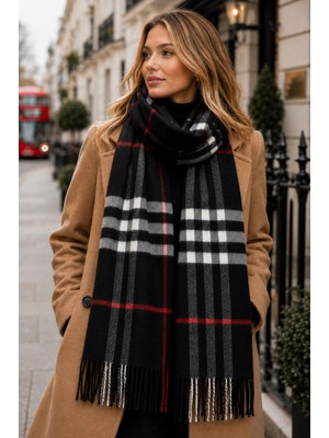 Aquasis London Ekose Oversize Şal Atkı Omuz Şalı | 50 x 190 cm | Yumuşak Dokulu, Püsküllü