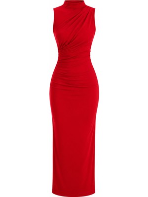 Laluvia Kırmızı Drapeli Yırtmaçlı Midi Elbise - 2Y4114