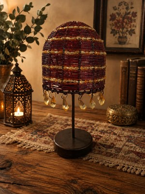 Hureggo Vintage Otantik El Işçiliği Boncuk ve Kristal Detaylı Bohem Masa Üstü Mumluğu (24 Cm)
