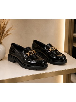 Zenora -Shoes Kadın Tokalı Loafer Makosen Siyah Rugan Kalın Tabanlı Ayakkabı