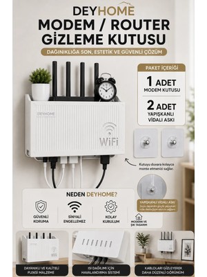Deyhome 1 Adet Modem veya Wi-Fi Router Gizleme Kutusu + 2 Adet Yapışkanlı Vidalı Askı