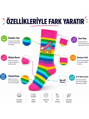 Gökkuşağı Çizgili Retro Paten Desenli Soket Çorap Pamuklu Dikişsiz Burun 36-40 Numara Uzun Konç