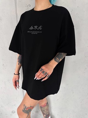 MiraLive Kadın Baskılı Kısa Kol Oversize T-Shirt - Siyah