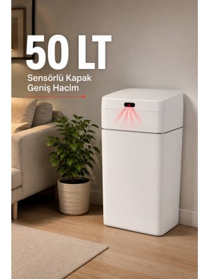 Piev Sensörlü Otomatik Kapaklı Akıllı Çöp Kovası Beyaz 50 Lt