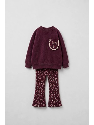 Magu Kız Çocuk Çiçek Desenli Bordo Sweatshirt ve Ispanyol Paça Tayt Takımı