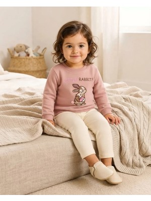 Tuffy Kız Bebek Pudra Renkli Tavşan Baskılı Sweatshirt Rahat Kalıp