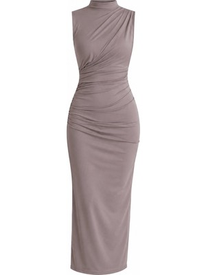 Laluvia Vizon Drapeli Yırtmaçlı Midi Elbise - 2Y4114
