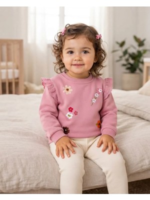 Tuffy Pembe Çiçek Işlemeli Kız Bebek Sweatshirt Rahat Kesim