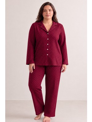 Fit Women Kadın Rahat Puantiyeli Düğmeli Kırmızı Pijama Takımı 824