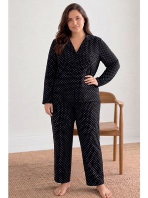 Fit Women Kadın Puantiyeli Düğmeli Siyah Pijama Takımı 852