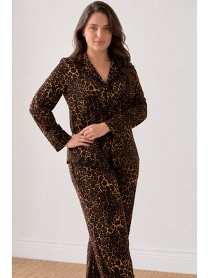 Fit Women Kadın Rahat Desenli Düğmeli Kahve Pijama Takımı 827