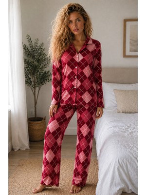 Fit Women Kadın Örme Gömlek Yaka Kırmızı Pijama Takımı