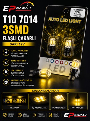 EP Garaj Otomotiv T10 7014 3smd Flaşlı Çakarlı Sarı 12V LED Ampul