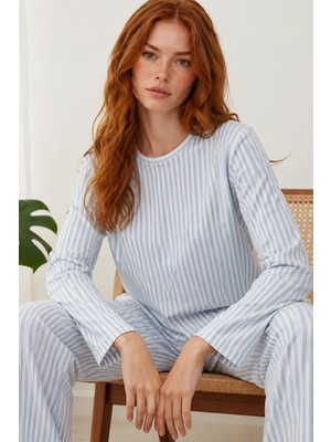 Fit Women Kadın Çizgili Regular Fit Mavi Pijama Takımı 4687