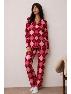 Fit Women Kadın Düğmeli Kışlık Ev Kırmızı Pijama Takımı