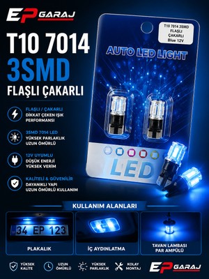 EP Garaj Otomotiv T10 7014 3smd Flaşlı Çakarlı Mavi 12V LED Ampul