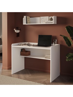 Bimossa V2140 Daffy Duvar Raflı Çalışma Masası Beyaz 117,3CM Geniş Masa 90CM Duvar Raflı Yuvarlak Köşeli