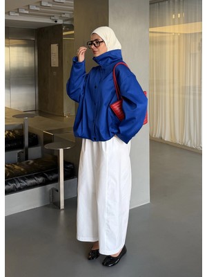 Moda Aksa Dik Yaka Düğmeli Bomber Ceket Saks Mavi