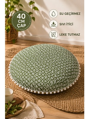 Rona Home Yuvarlak Dekoratif Minder 40 cm Yeşil Çiçek Desenli Puf Minder Beyaz Ponponlu Şık Ev Aksesuarı